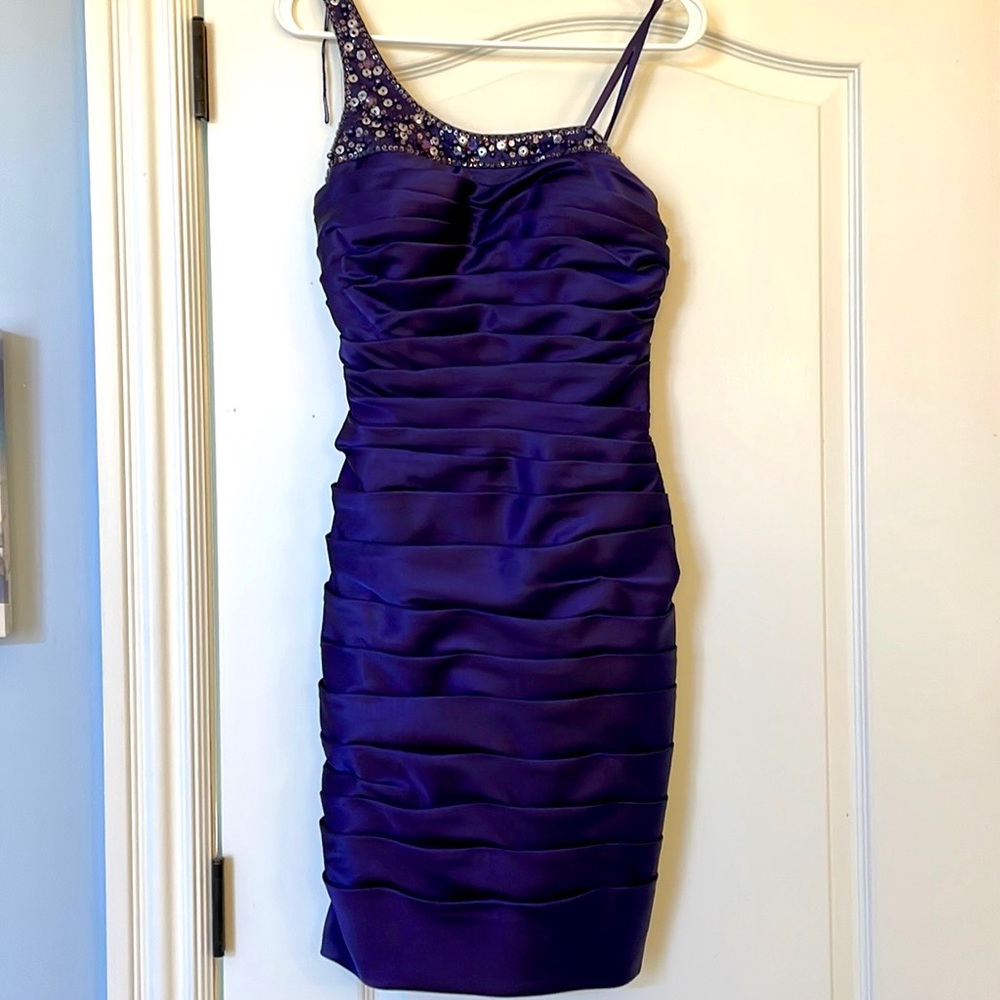Adrianna Papell shirred deep purple satin cocktail dress